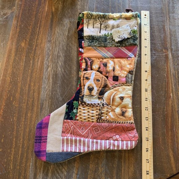 Christmas Stocking Quilted Dog Patchwork Fabric Puppy NEW 17” Handmade - Picture 5 of 5